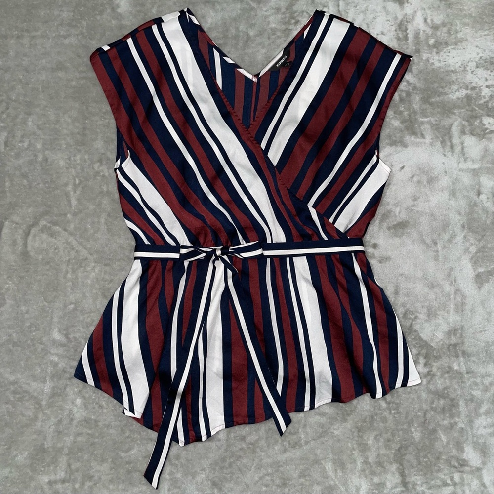 Express Sleeveless Striped Wrap Blouse Tie Waist Asymmetrical Navy Large